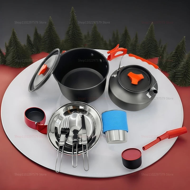 Outdoor Camping Cooking Set for 2-3 People Portable Folding Pot and Kettle Combo Camping Tableware Hiking Backpacking Gear