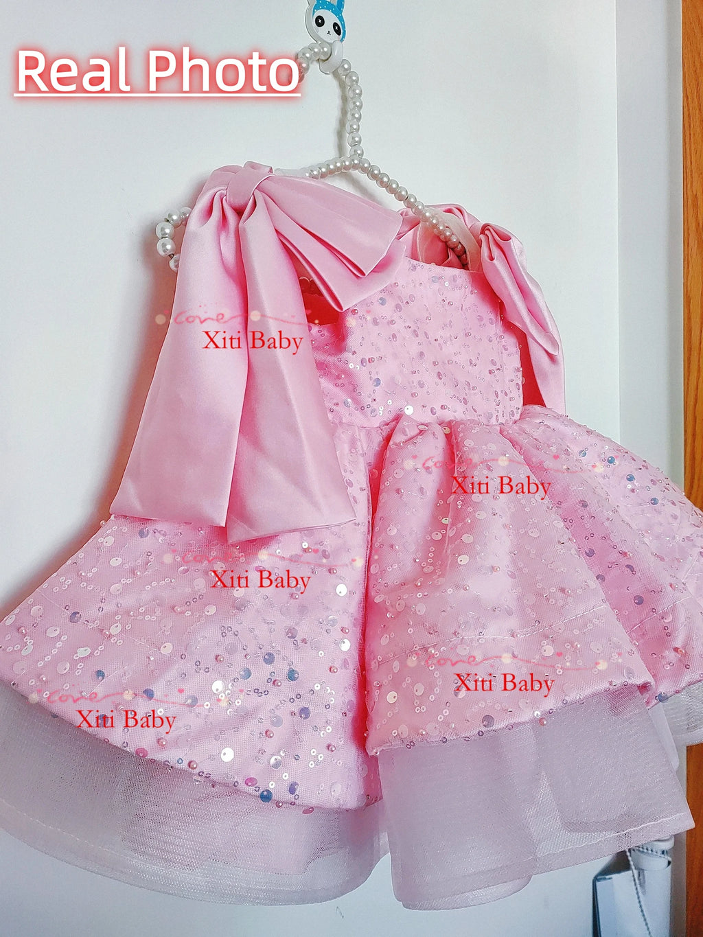 Customized Pink Flower Girl Dresses For Wedding Sequins With Bow Knee Length Cute Princess Birthday Party First Communion Gown