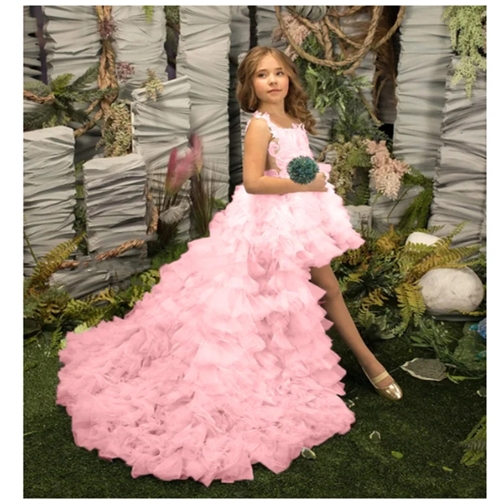 Birthday Flower Girl Dresses For Wedding 2 Piece Applique Princess Pageant Dress With Detachable Train Toddlers Tiered Tulle