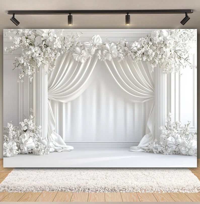 Wedding Scene Party Backdrop for Photography Pink Flower Palace White Wall Bridal Shower Wedding Portrait Decor Photo Background