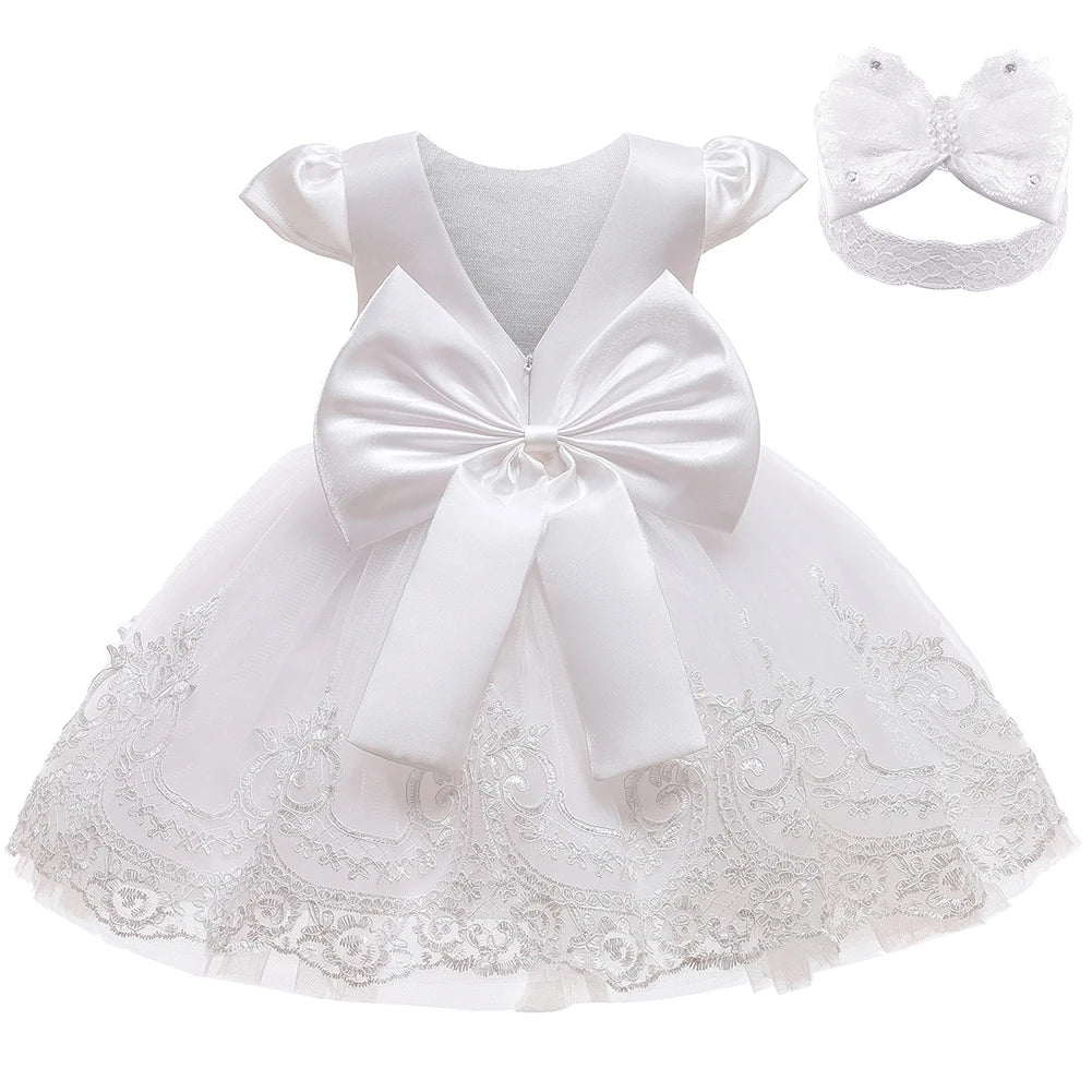 White Dress For Girls Elegant Flower Embroidery Princess Dress Toddler 1st Birthday Baby Girl Ceremonial Wedding Baptism Dress