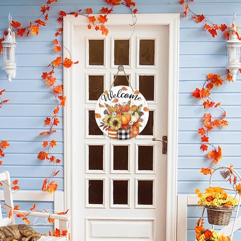 Thanksgiving Front Door Decor - Fall Pumpkin & Sunflower Wood Wreath with Mason Jar for Porch or Farmhouse Wall Display