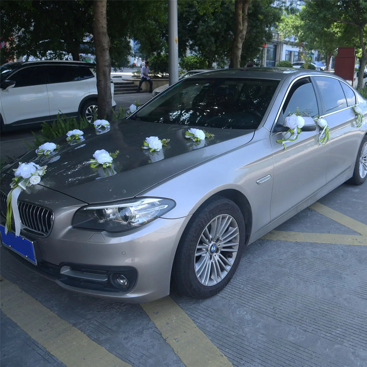 YeeNanee 13pcs/Set Just Married Car Decoration Flowers Pink Aftificial Rose with Ribbon for Wedding Car Mirror Door Handle Decor