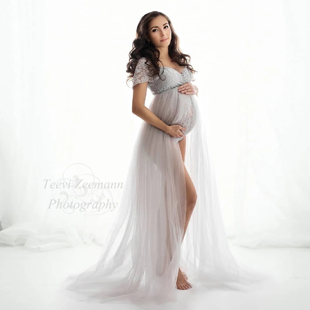 Maternity Photography Dresses Pregnancy Lace Bodysuit  Tulle Long Sides Slit With Flying Dress Pregnant Woman Photo Shoot Outfit