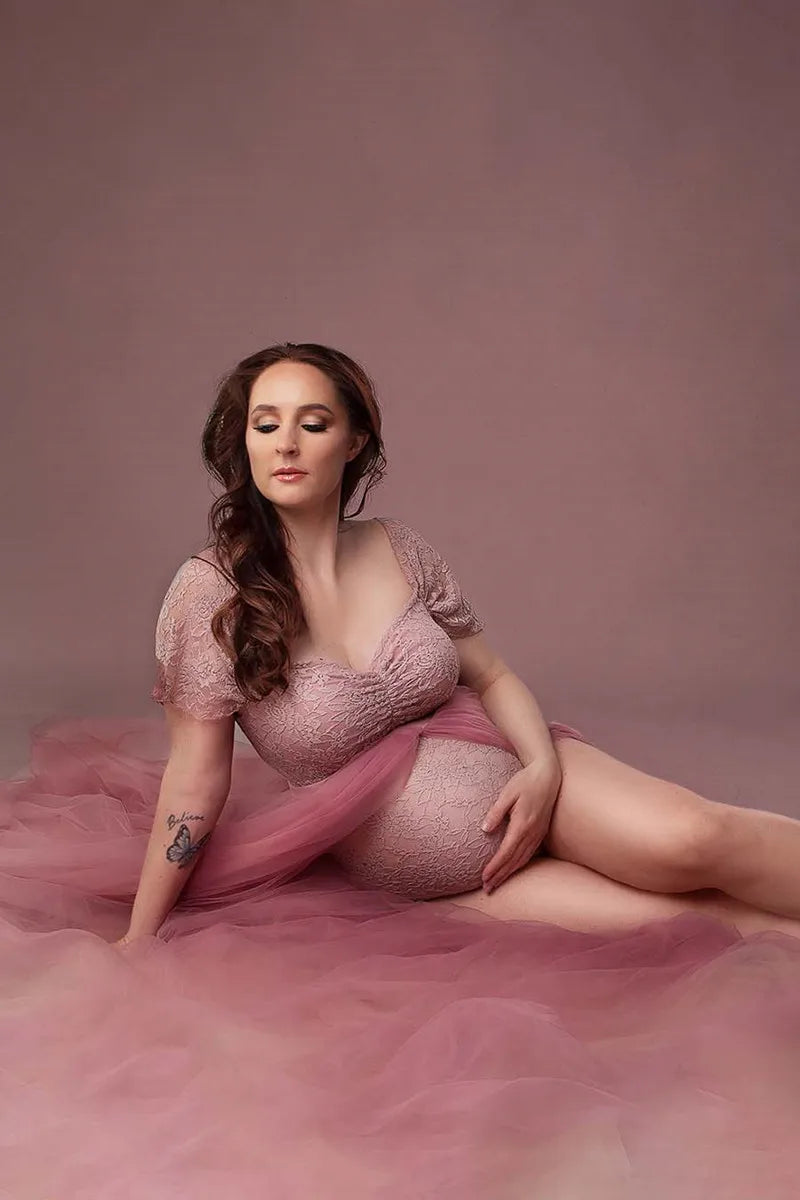 Maternity Photography Dresses Pregnancy Lace Bodysuit  Tulle Long Sides Slit With Flying Dress Pregnant Woman Photo Shoot Outfit