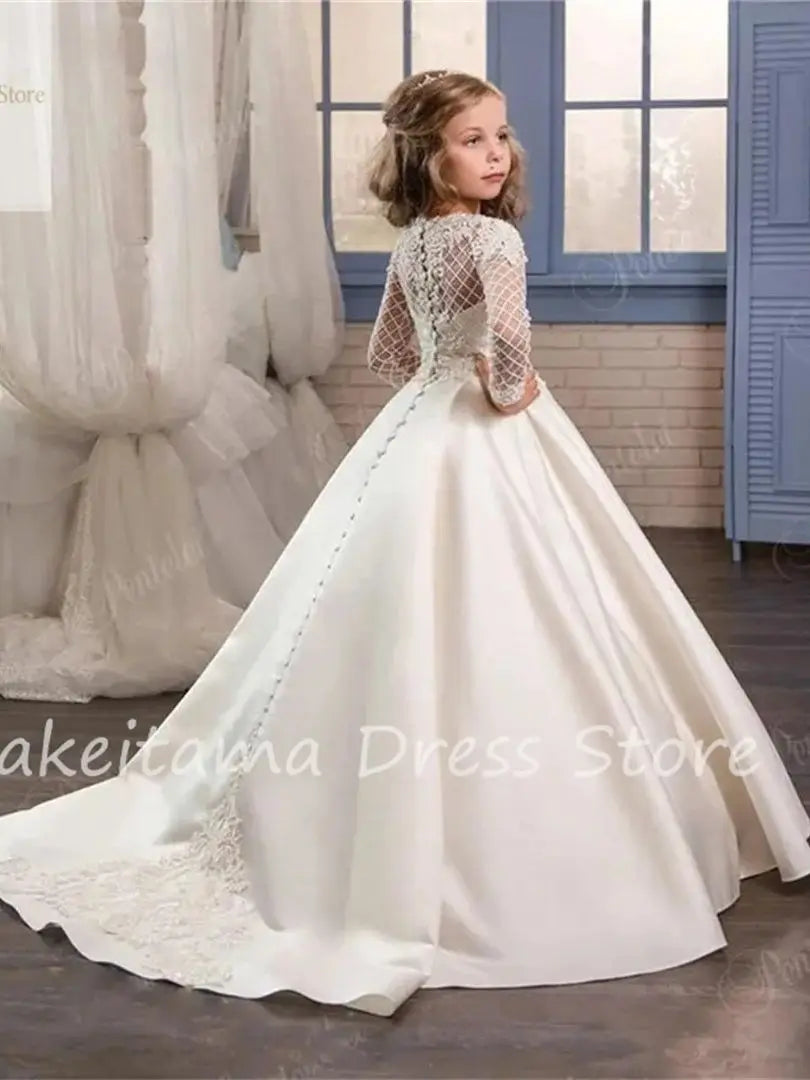 Wedding Dress Flower Girl Dresses Kids Satin Sashes Bow Simple Organza Cap Sleeves Girls Princess Evening Dress