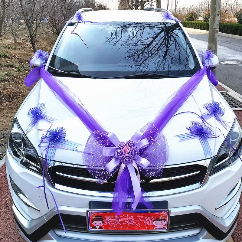 Wedding Car Decoration Flower Set Cover Door Handle Ribbons Silk Flower Garland With Tulle Rose Accessory Wed Decor2023