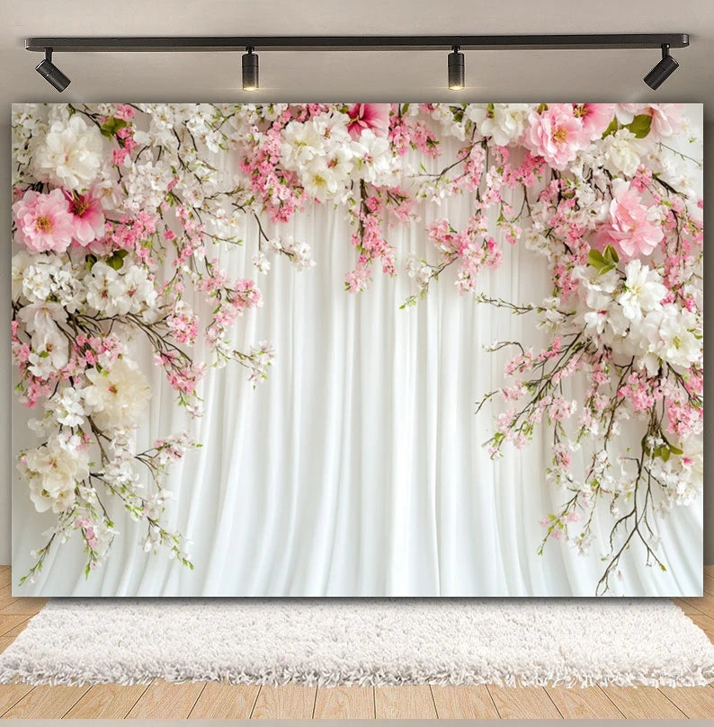 Wedding Scene Party Backdrop for Photography Pink Flower Palace White Wall Bridal Shower Wedding Portrait Decor Photo Background
