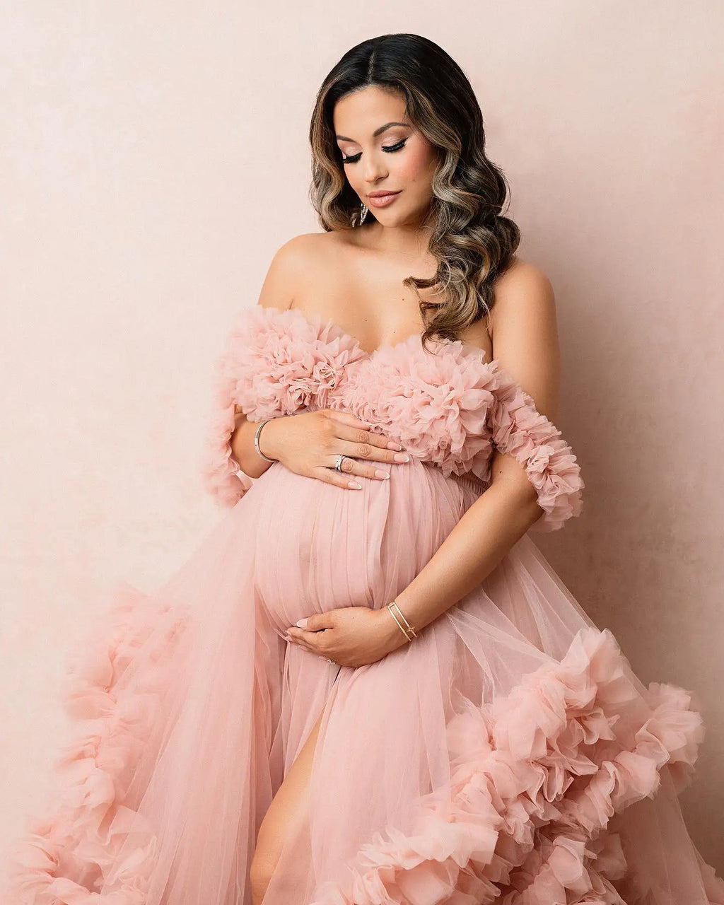 Light Pink Maternity Dresses for Photoshoot Baby Shower Off Shoulder Ruffles Tulle Bridal Prom Gown Women Pregnant Robe Tailored