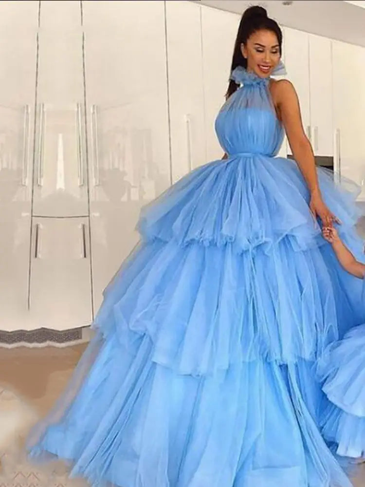 Blue Mother And Daughter Family Clothes Tulle High Neck Ball Gown Princess Formal Party Evening Gown For Graduation 2025