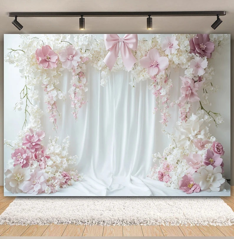 Wedding Scene Party Backdrop for Photography Pink Flower Palace White Wall Bridal Shower Wedding Portrait Decor Photo Background