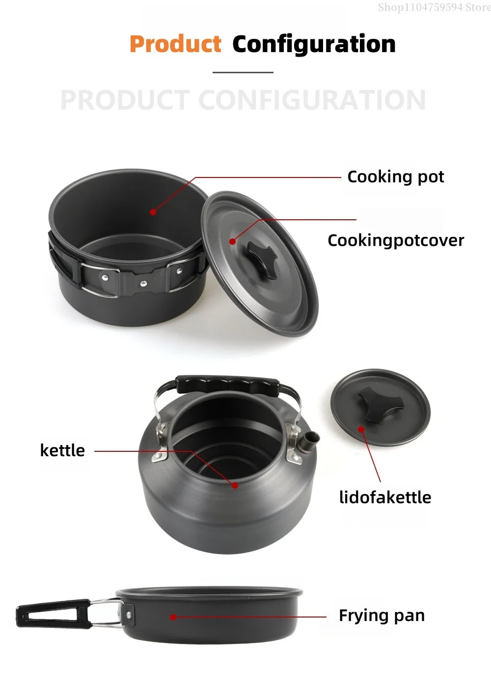 Outdoor cooking equipment - 2-3 person camping pot set with folding pot and kettle combination kit panelas camping Tableware