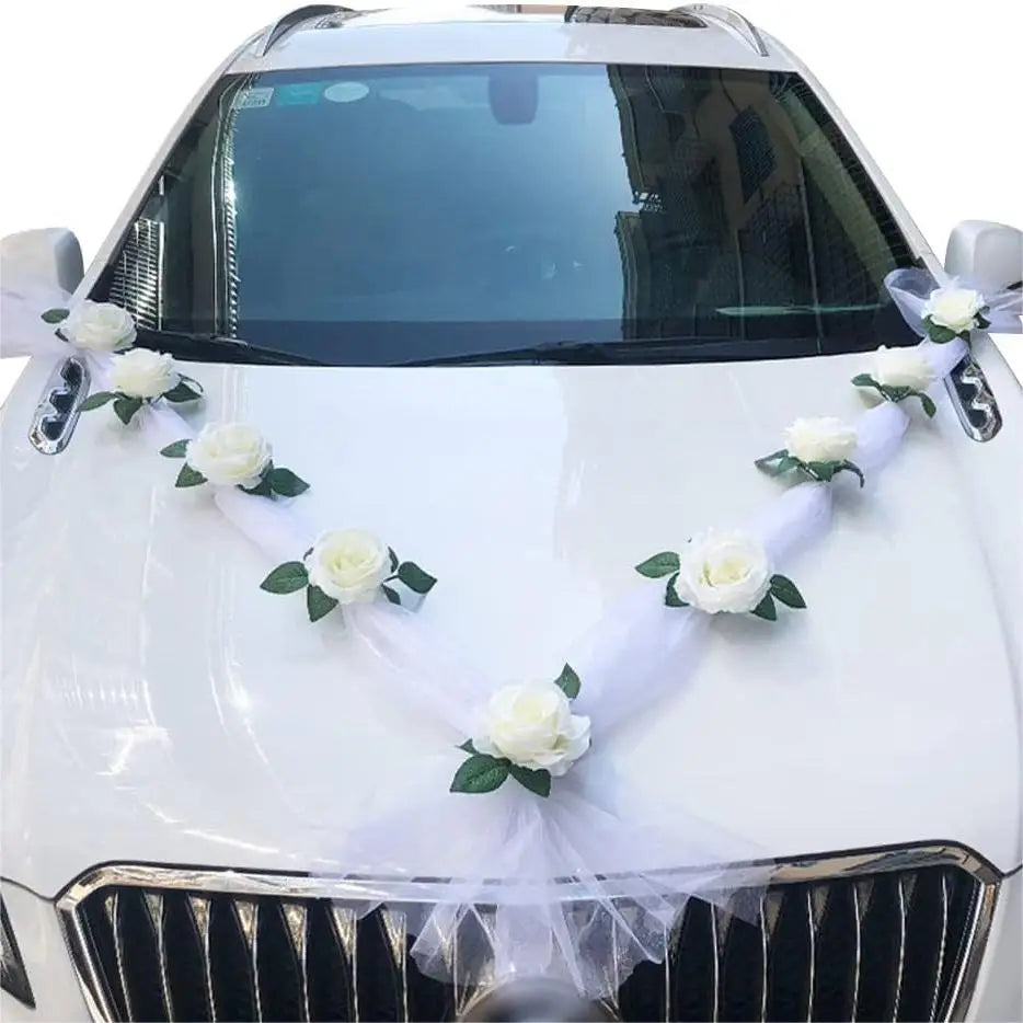 White Rose Artificial Flower for Wedding Car Decoration Bridal Car Decorations Door Handle Ribbons Silk Flower
