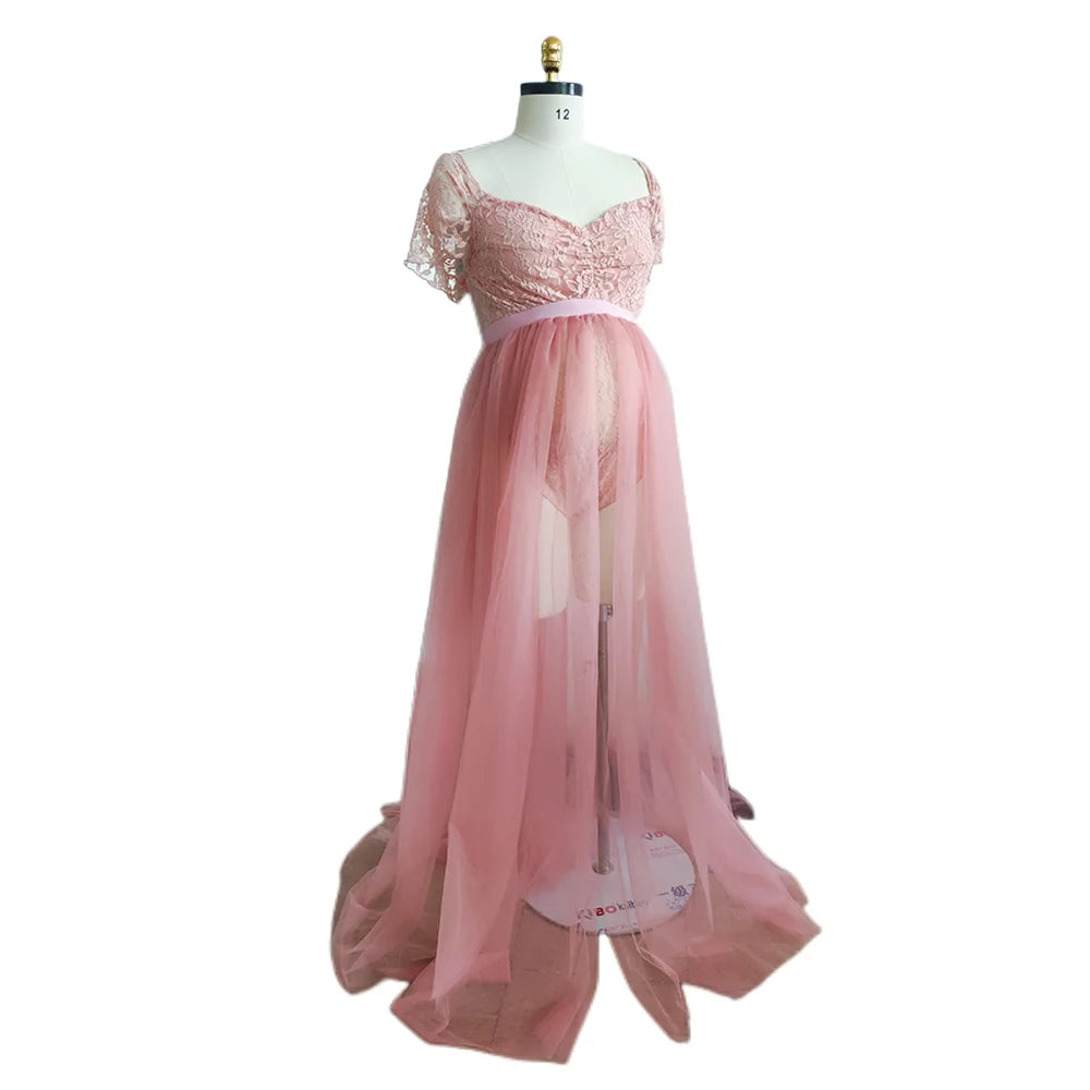 Maternity Photography Dresses Pregnancy Lace Bodysuit  Tulle Long Sides Slit With Flying Dress Pregnant Woman Photo Shoot Outfit