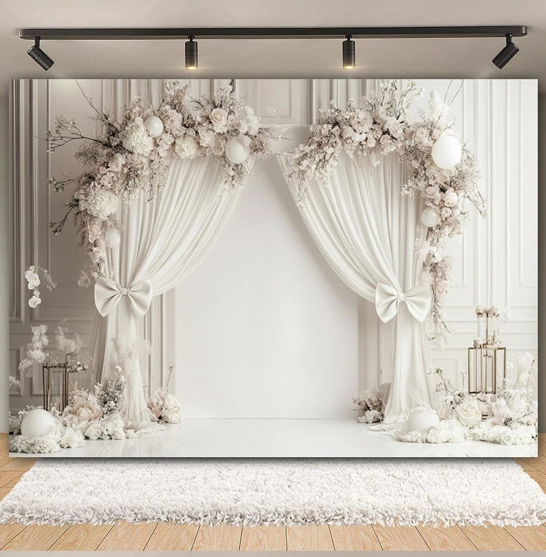 Wedding Scene Party Backdrop for Photography Pink Flower Palace White Wall Bridal Shower Wedding Portrait Decor Photo Background