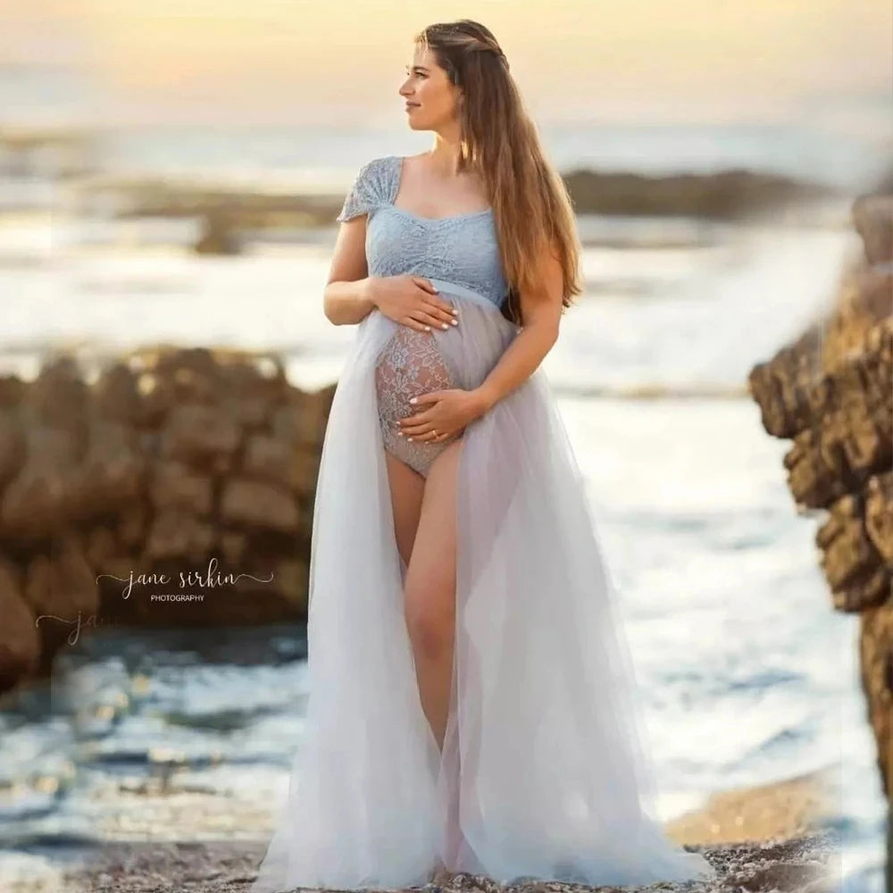 Maternity Photography Dresses Pregnancy Lace Bodysuit  Tulle Long Sides Slit With Flying Dress Pregnant Woman Photo Shoot Outfit