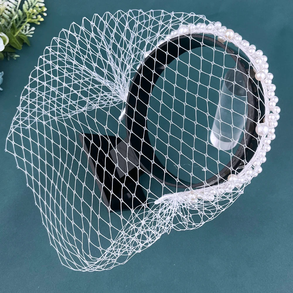 JM26 Tulle Cage Veil with Pearls Wedding Birdcage Veil with Headband Face Cover Bride Headdress Wedding Accessories Mariage
