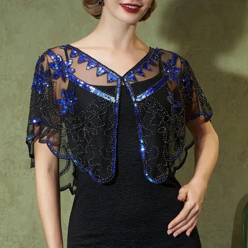 1920s Sequin Flapper Shawl Vintage Thin Breathable Shiny Cape Elegant Style Outside Short Cloak For Women Banquet
