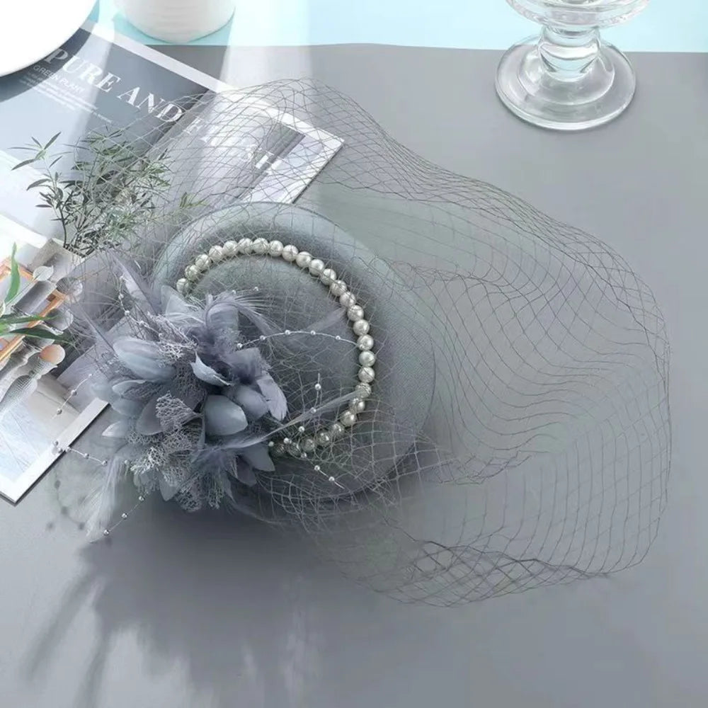 New Elegant Bridal Headwear Vintage Mesh Wedding Veil Hat Temperament Pearl Flower Fascinators Hat For Women