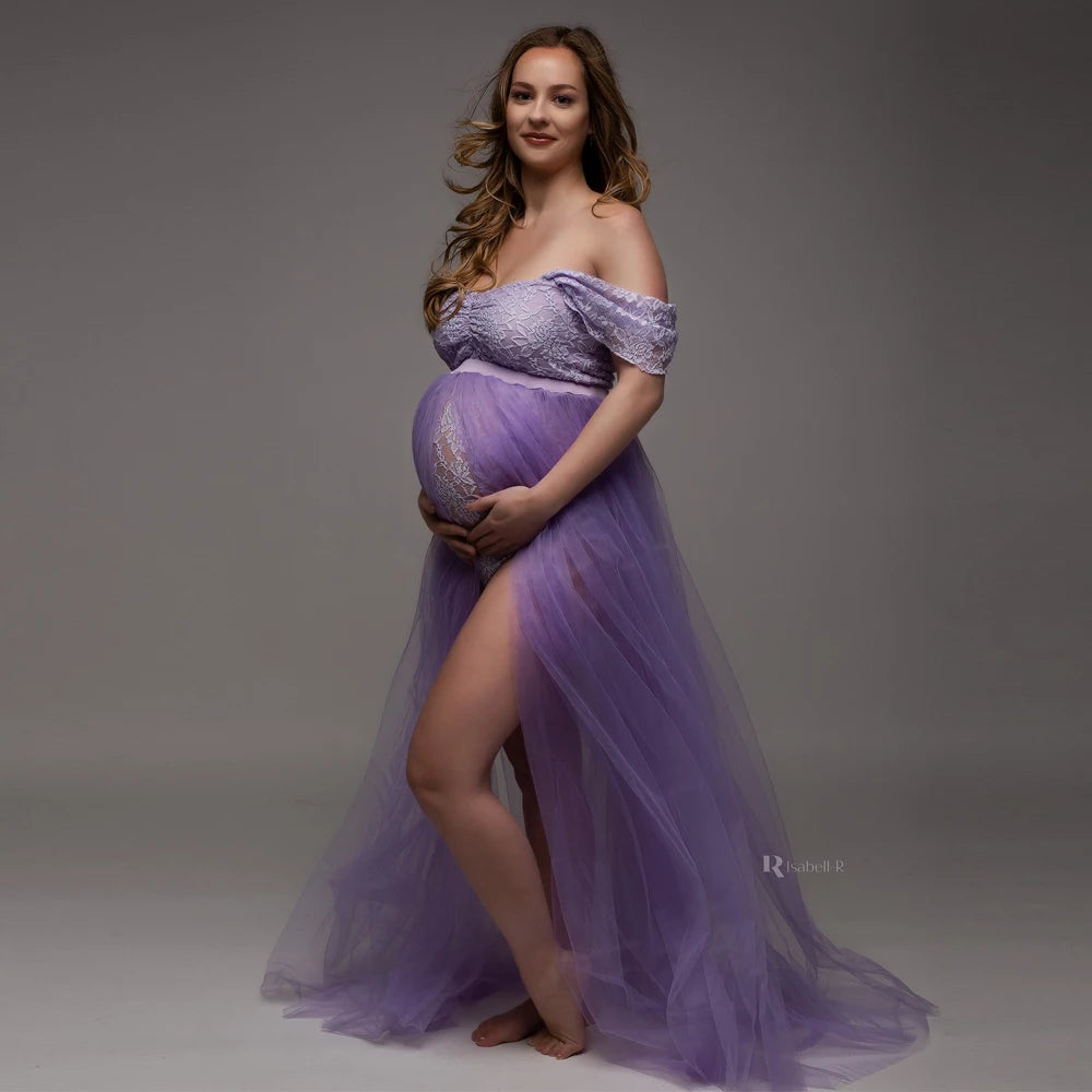 Maternity Photography Dresses Pregnancy Lace Bodysuit  Tulle Long Sides Slit With Flying Dress Pregnant Woman Photo Shoot Outfit