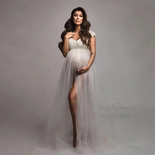 Maternity Photography Dresses Pregnancy Lace Bodysuit  Tulle Long Sides Slit With Flying Dress Pregnant Woman Photo Shoot Outfit