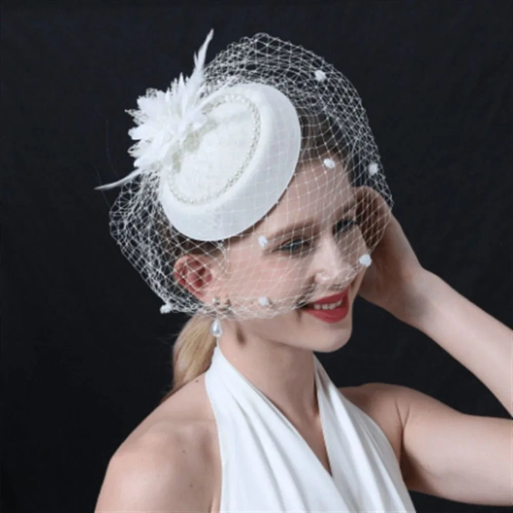 New Elegant Bridal Headwear Vintage Mesh Wedding Veil Hat Temperament Pearl Flower Fascinators Hat For Women