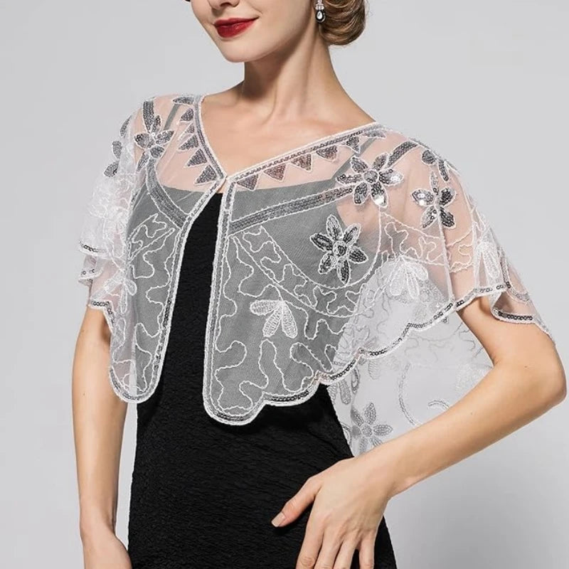 1920s Sequin Flapper Shawl Vintage Thin Breathable Shiny Cape Elegant Style Outside Short Cloak For Women Banquet