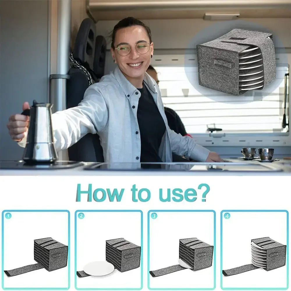 Felt Board Dish Cup Storage Bag Rack Thickened Camping Tableware Container RV Kitchen Cabinet Layered Plate Storage Box Camper