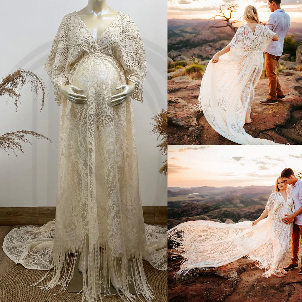 Don&Judy Maternity Dress Boho Photo shoot Maxi Long Sleeve Wedding Party Evening Ivory Gown for Bride Pregnant Women Photography