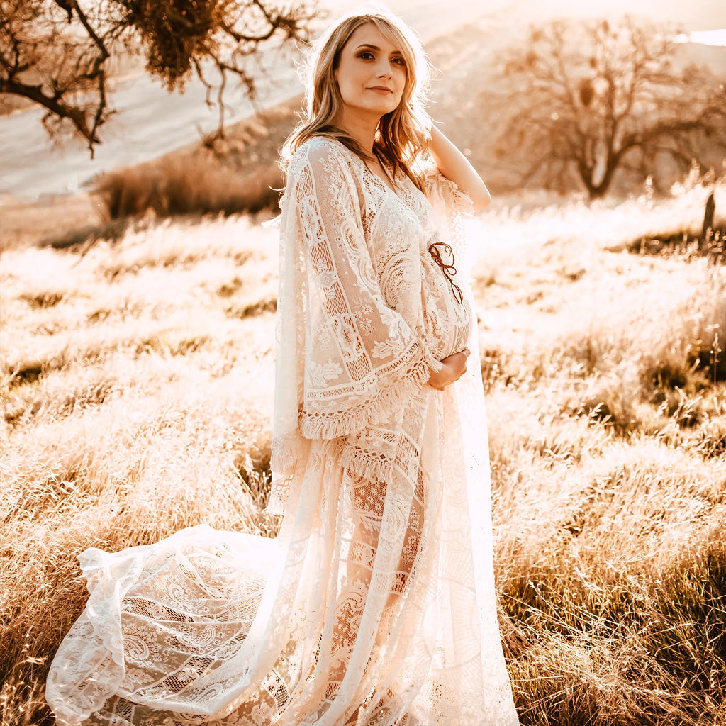 Don&Judy Maternity Dress Boho Photo shoot Maxi Long Sleeve Wedding Party Evening Ivory Gown for Bride Pregnant Women Photography