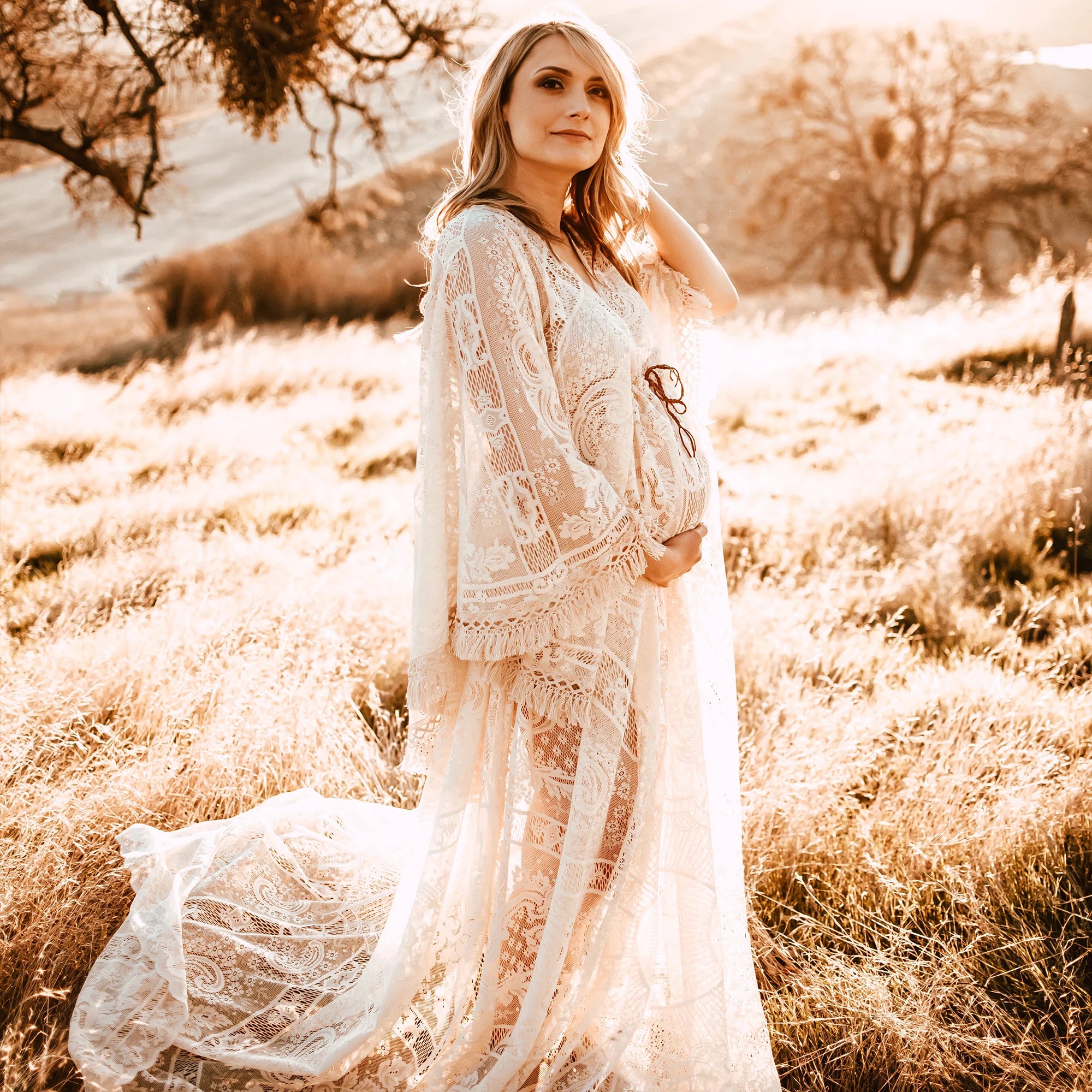 Don&Judy Maternity Dress Boho Photo shoot Maxi Long Sleeve Wedding Party Evening Ivory Gown for Bride Pregnant Women Photography