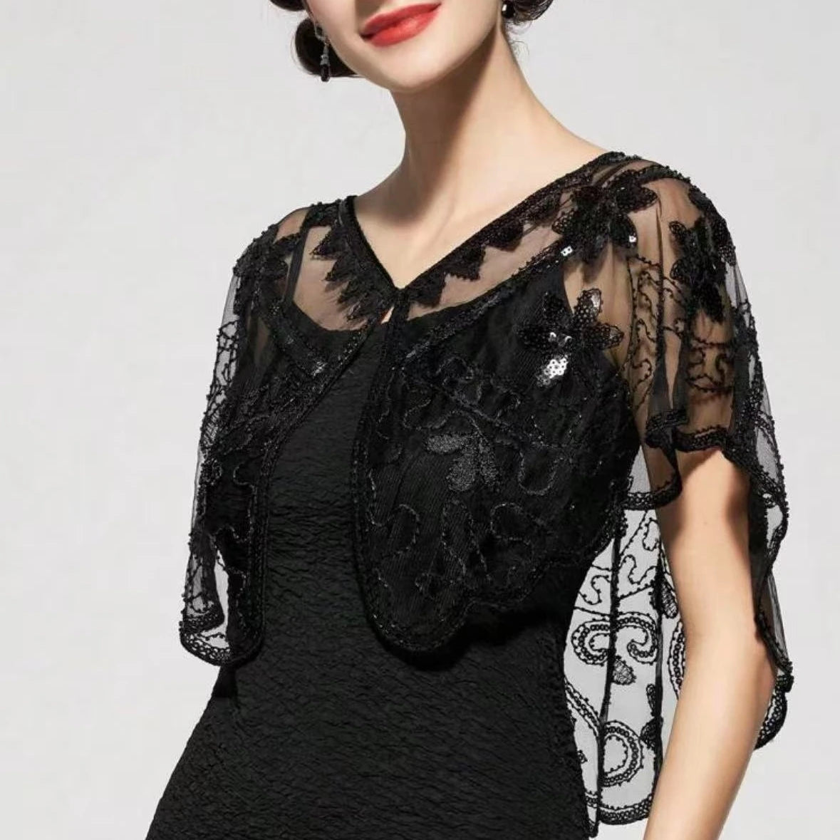 1920s Sequin Flapper Shawl Vintage Thin Breathable Shiny Cape Elegant Style Outside Short Cloak For Women Banquet