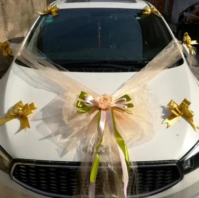 Wedding Car Decoration Flower Set Cover Door Handle Ribbons Silk Flower Garland With Tulle Rose Accessory Wed Decor2023