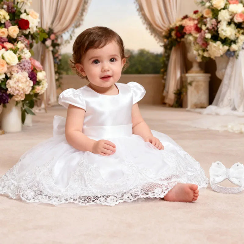 White Dress For Girls Elegant Flower Embroidery Princess Dress Toddler 1st Birthday Baby Girl Ceremonial Wedding Baptism Dress