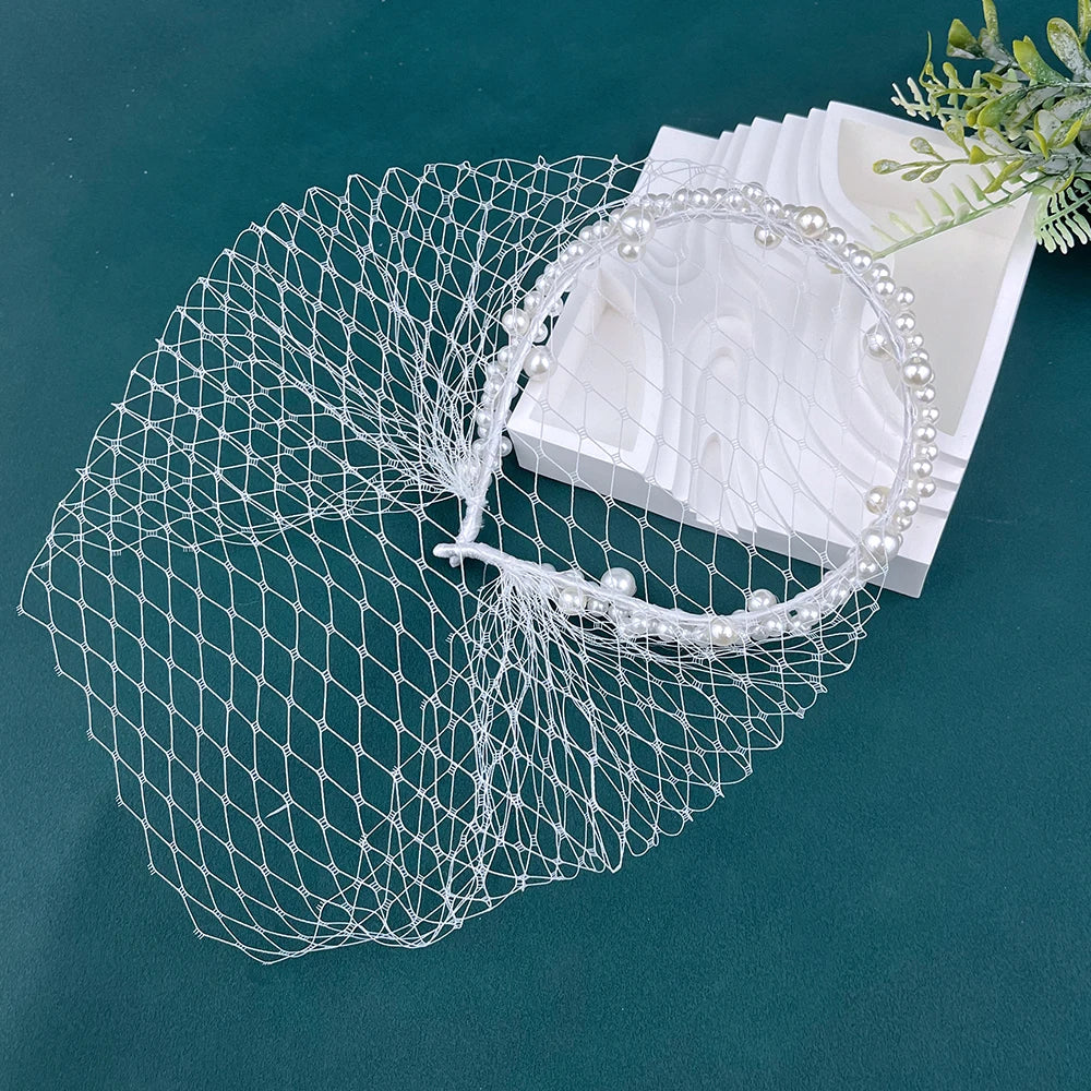 JM26 Tulle Cage Veil with Pearls Wedding Birdcage Veil with Headband Face Cover Bride Headdress Wedding Accessories Mariage