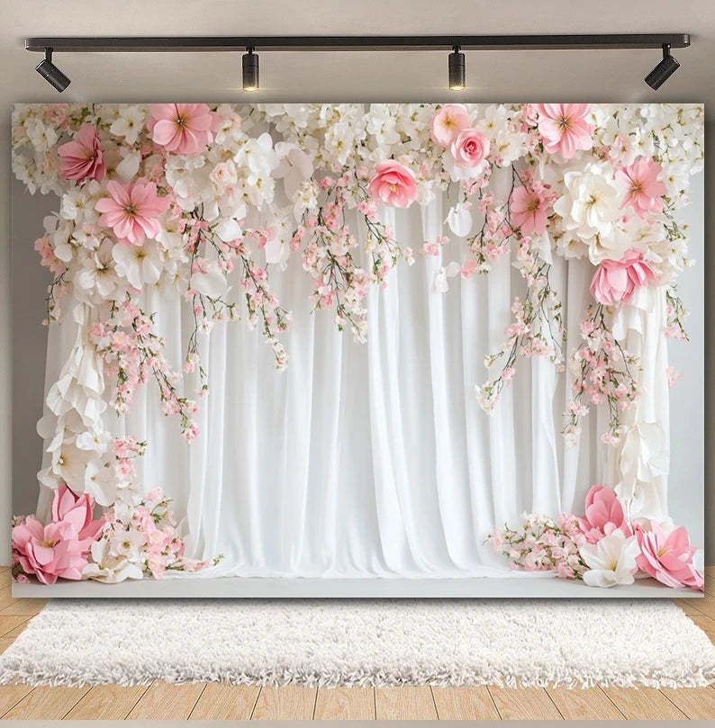 Wedding Scene Party Backdrop for Photography Pink Flower Palace White Wall Bridal Shower Wedding Portrait Decor Photo Background