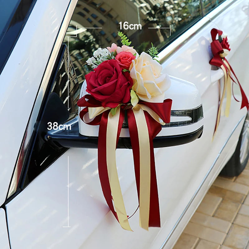 1pc Creative Wedding Car Decoration Flower Door Handles Rearview Mirror Decorate Artificial Flower Accessories Marriage Props