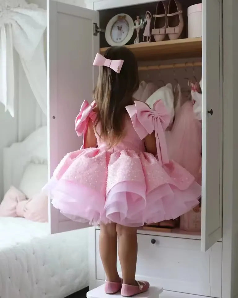Customized Pink Flower Girl Dresses For Wedding Sequins With Bow Knee Length Cute Princess Birthday Party First Communion Gown