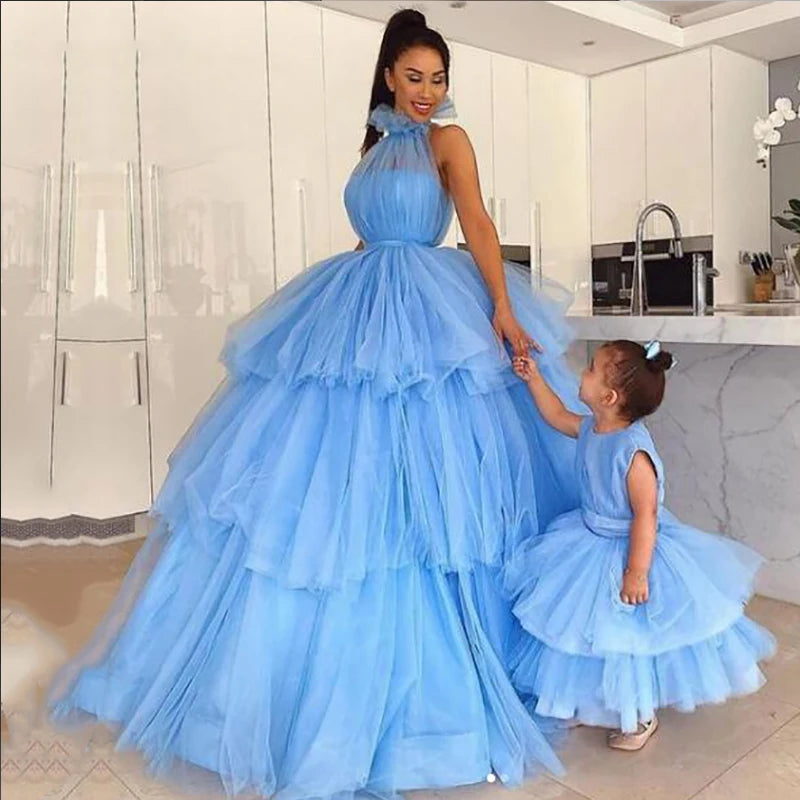 Blue Mother And Daughter Family Clothes Tulle High Neck Ball Gown Princess Formal Party Evening Gown For Graduation 2025