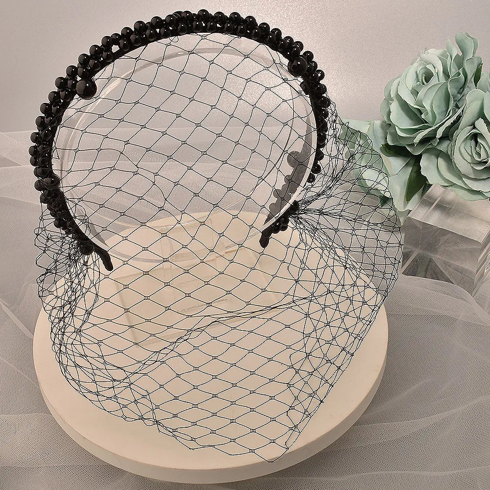 JM26 Tulle Cage Veil with Pearls Wedding Birdcage Veil with Headband Face Cover Bride Headdress Wedding Accessories Mariage