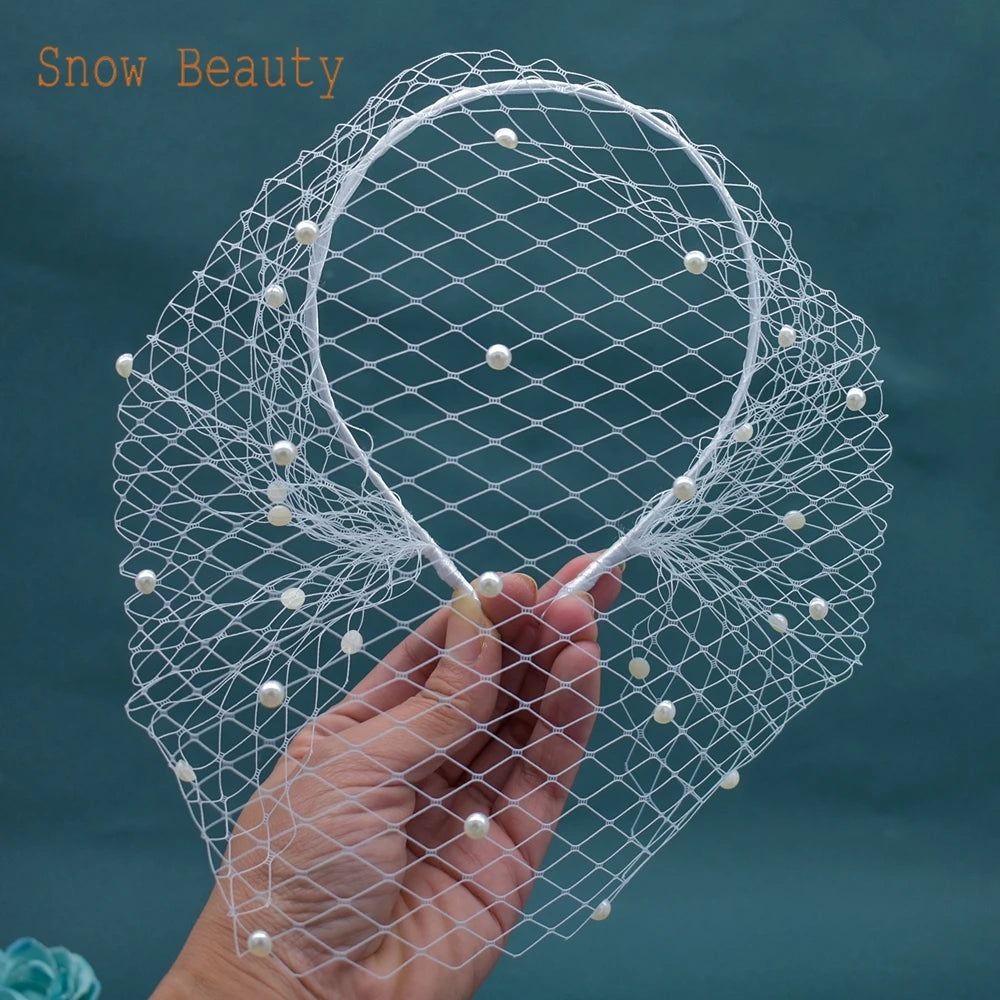 JM20 Pearl Veil for Face Women's Hat for Wedding Bride Headwear Bridal Fascinator Hair Ornament Birdcage Veil Pearl Headpiece