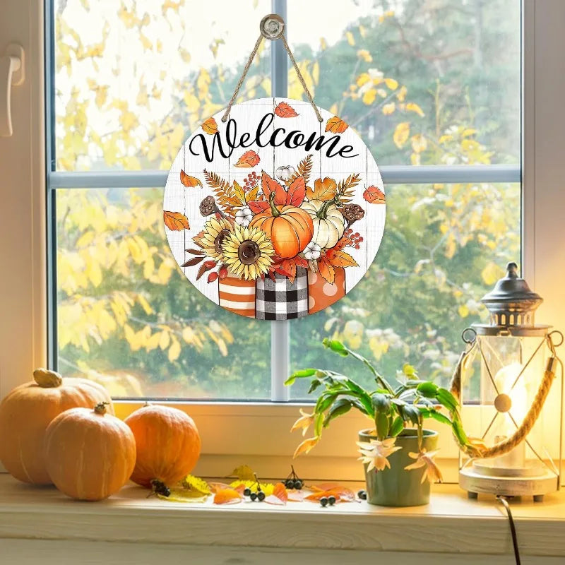 Thanksgiving Front Door Decor - Fall Pumpkin & Sunflower Wood Wreath with Mason Jar for Porch or Farmhouse Wall Display
