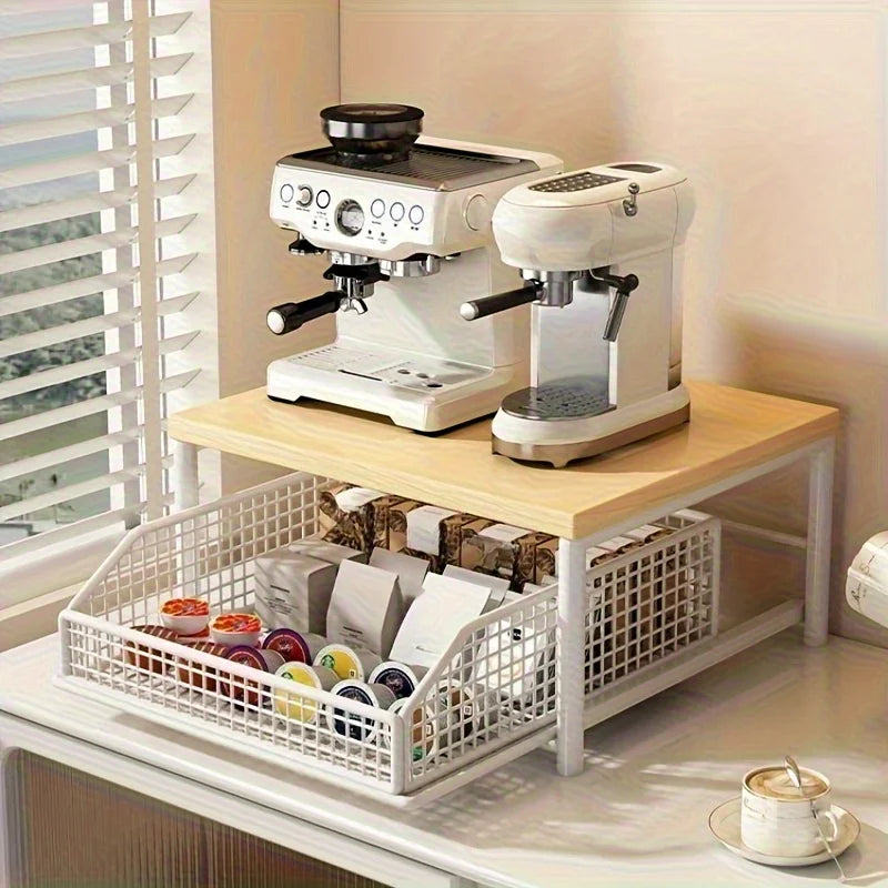 Kitchen Countertop Organizer with Drawer & Wire Basket - Sturdy Hardwood & Metal 2-Tier Storage Shelf for Coffee Maker, Utensils