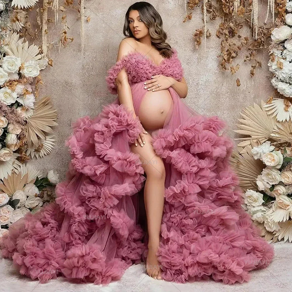 Maternity Dresses for Photoshoot Ruffles Tulle Pregnant Photo Gowns Baby Shower Off Shoulder Front Slit Bridal Sleepwear Robe