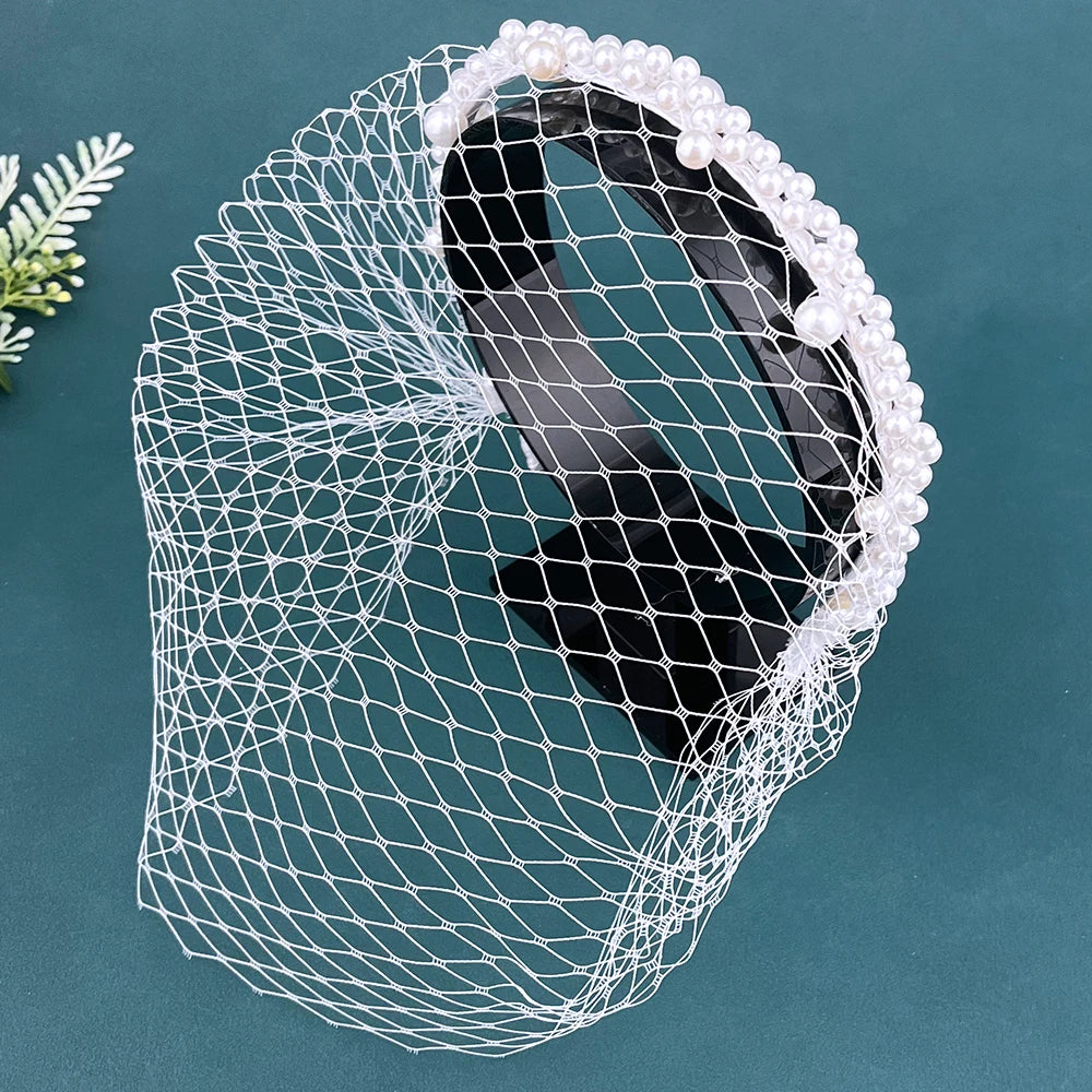JM26 Tulle Cage Veil with Pearls Wedding Birdcage Veil with Headband Face Cover Bride Headdress Wedding Accessories Mariage