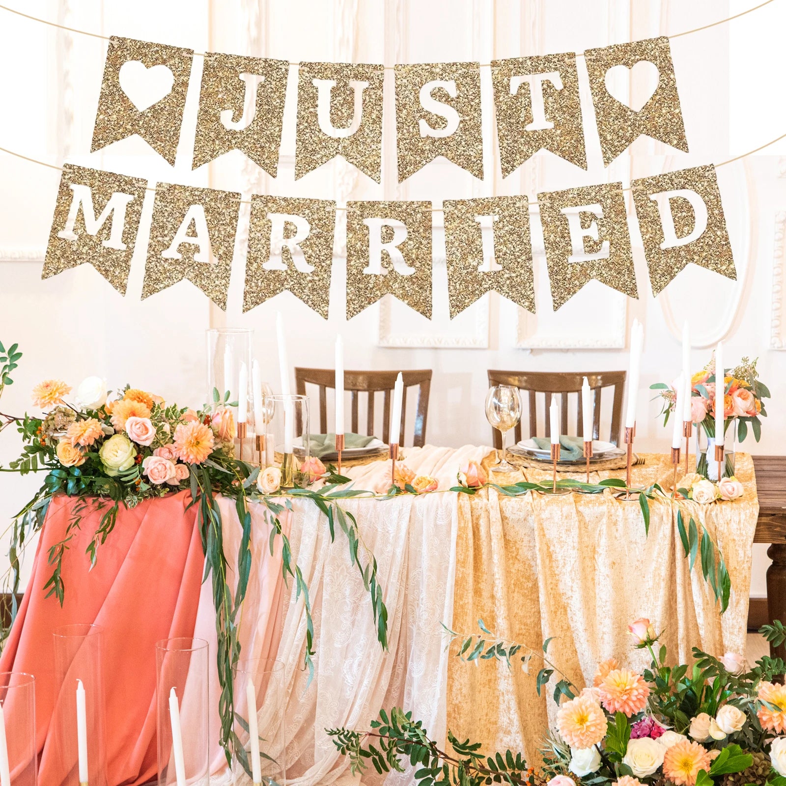 Just Married Banner Gold Glitter Wedding Party Banner Gold Wedding Reception Party or Car Decorations & Decor