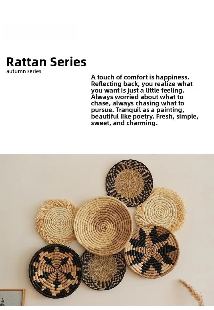Boho Chic Handcrafted Seagrass Wall Baskets, Rattan Woven Round Bohemian Decor for Home,Farmhouse-Featherless,Versatile Use