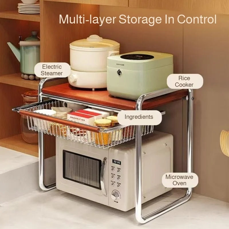 Kitchen Microwave Oven Storage Rack, Multi-functional Countertop Stainless Steel Shelf, Durable Anti-Rust, Space-Saving for Home