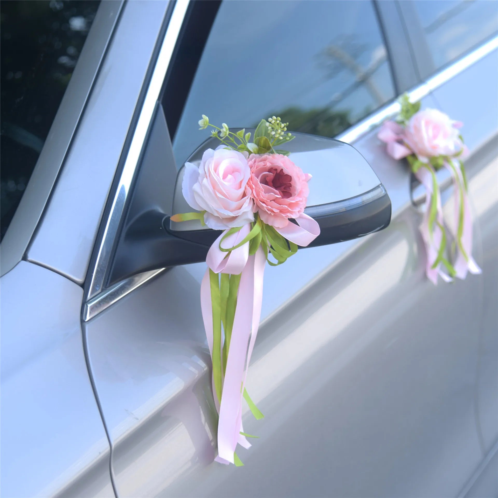 YeeNanee 13pcs/Set Just Married Car Decoration Flowers Pink Aftificial Rose with Ribbon for Wedding Car Mirror Door Handle Decor