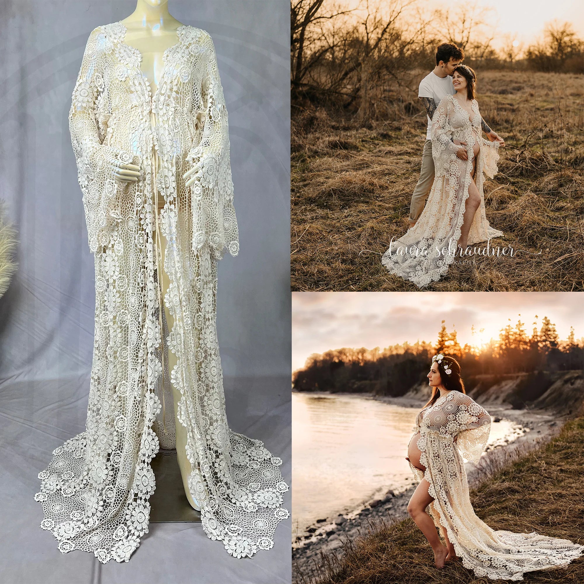 Don&Judy Maternity Dress Boho Photo shoot Maxi Long Sleeve Wedding Party Evening Ivory Gown for Bride Pregnant Women Photography